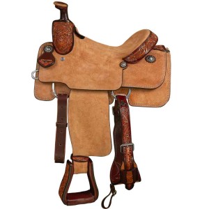 A team roping western saddle featuring roughout leather and tooled leather accents, with customizable seat size and color, and personalized silver conchos